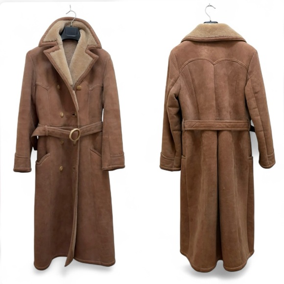 Vintage 70s Abercrombie & Fitch Tan Penny Lane Lamb Shearling Trench Coat Sz S/M - Picture 7 of 16